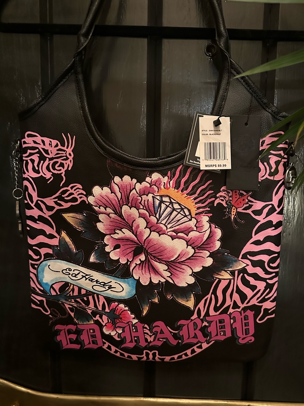 NWT Authentic Don Ed Hardy Tattoo Black Pink Flower Tiger Tote Bag Hobo graphic
